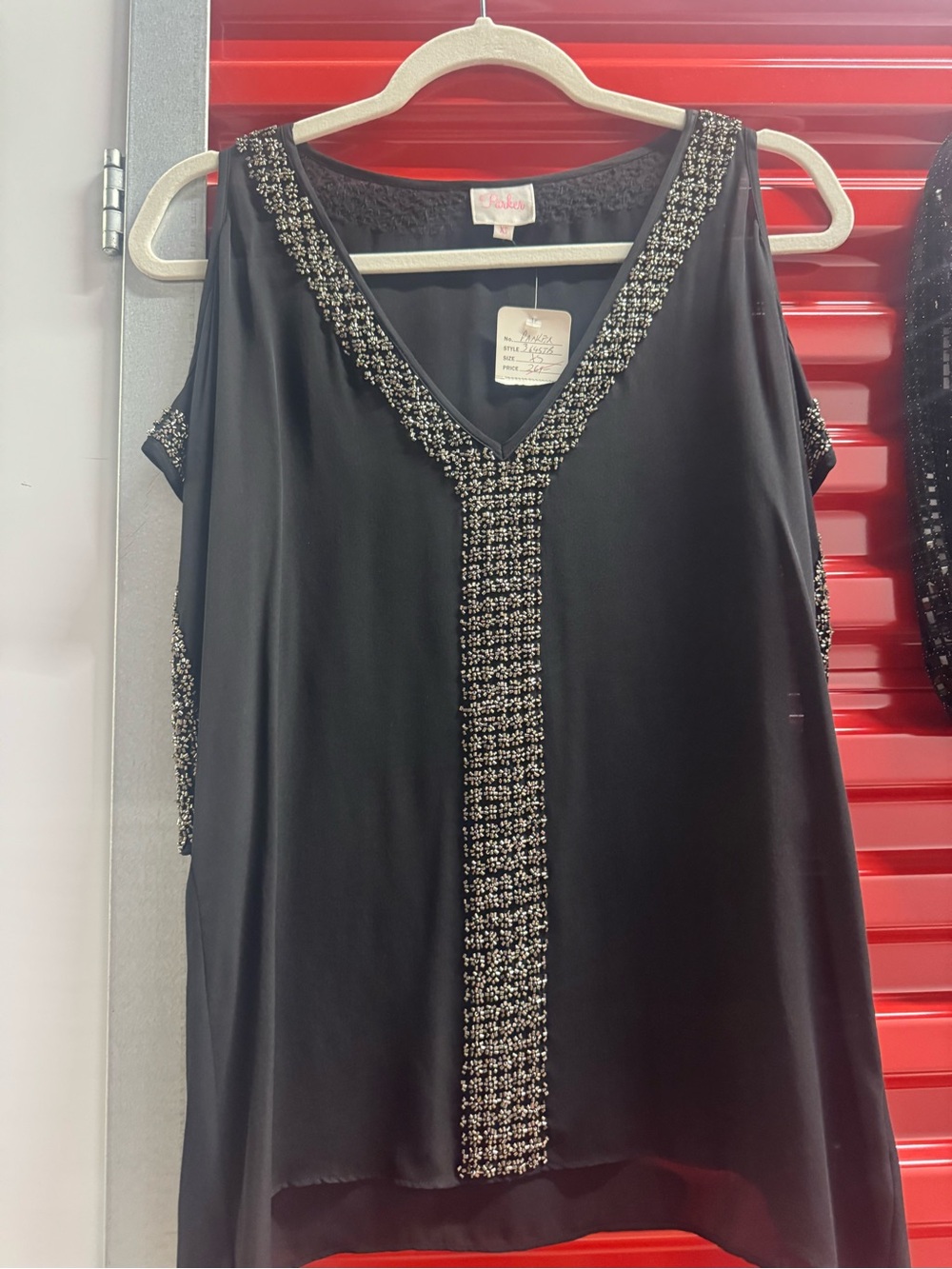 Parker Black Beaded V-Neck  Cold Shoulder Top